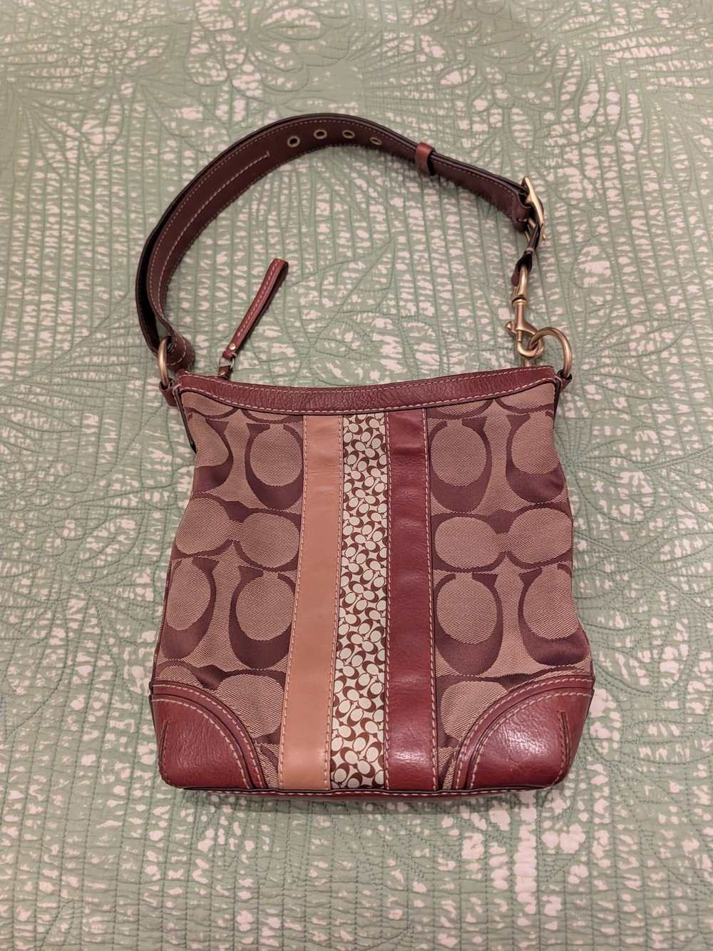 Coach Signature Stripe Crossbody Bag in Brown and Tan